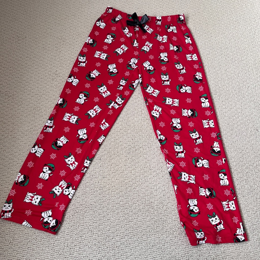Festive Red Pajama Pants with Cute Cat Print